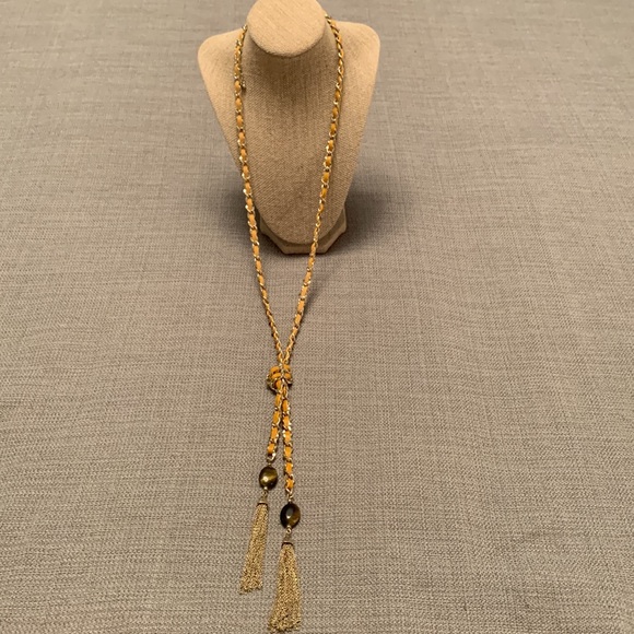 WHBM Leather & Gold Tone Chain Necklace with Beaded Tassels - Picture 8 of 11
